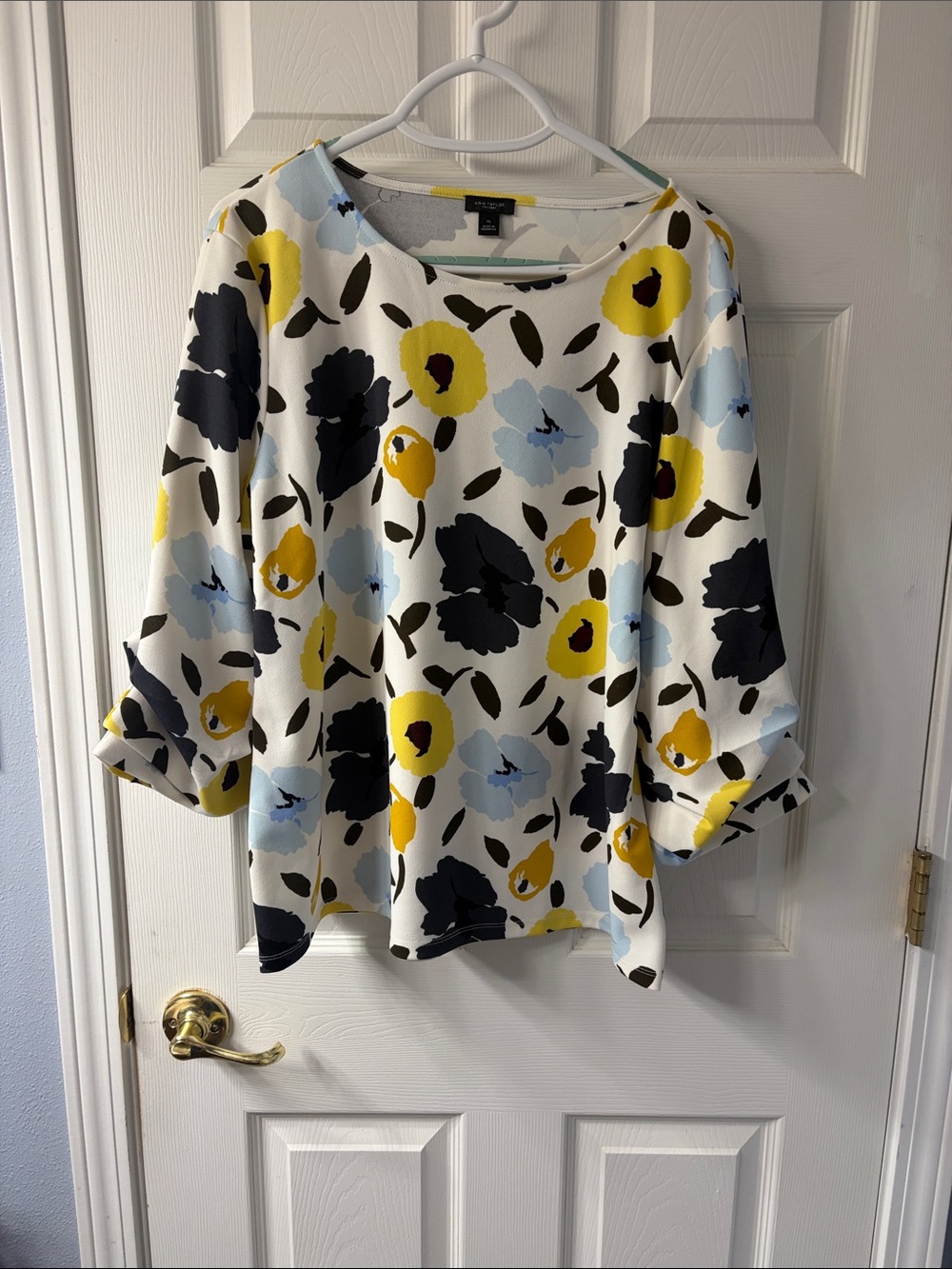 Ann Taylor Factory White Floral Boatneck Blouse with Yellow, Light Blue & Navy